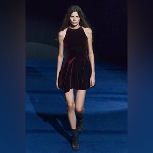 ZW Zara Burgundy Godet Velvet Dress Round Neck Mini Skirt Zipper Back NWT XS